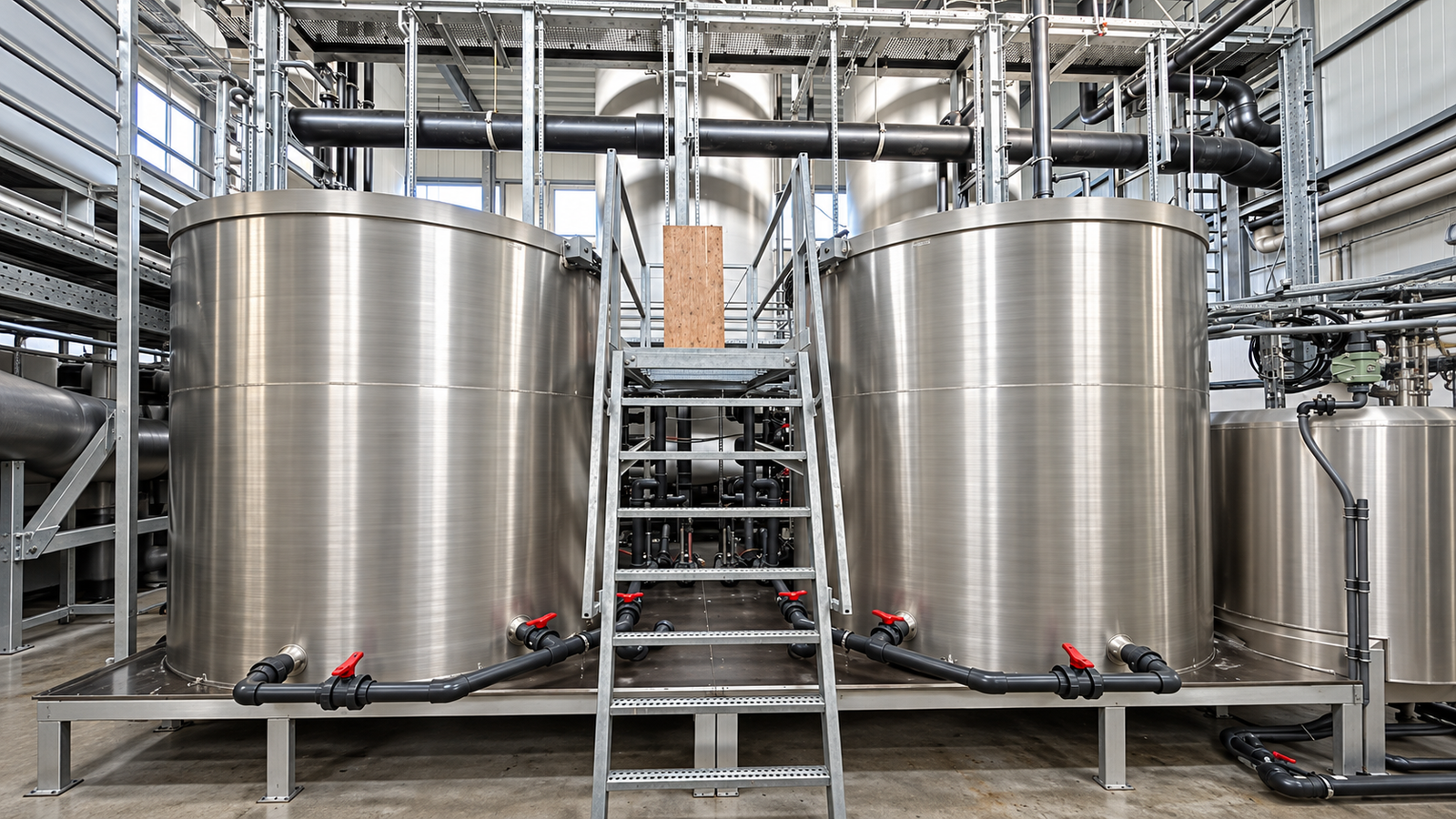 Conjunto de tanques circulares DAF instalados en ambiente industrial